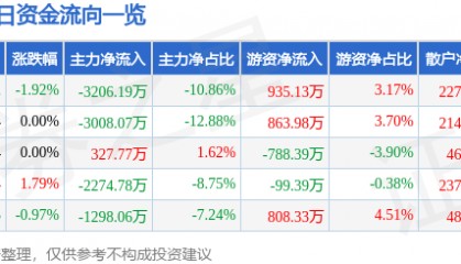股票行情快报:长信科技(300088)8月14日主力资金净卖出3206.19万元