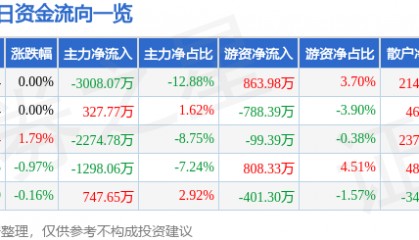 股票行情快报:长信科技(300088)8月13日主力资金净卖出3008.07万元