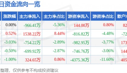 股票行情快报:美邦服饰(002269)7月17日主力资金净卖出966.41万元
