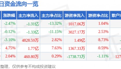股票行情快报:大洋电机(002249)8月21日主力资金净卖出1.31亿元