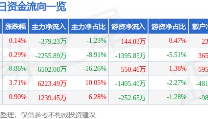 股票行情快报:大洋电机(002249)8月11日主力资金净卖出379.23万元