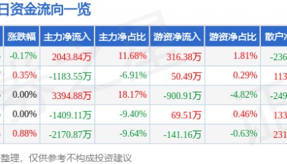 股票行情快报:上港集团(600018)8月13日主力资金净买入2043.84万元
