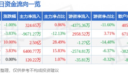 股票行情快报:美邦服饰(002269)7月11日主力资金净买入324.65万元