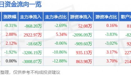 股票行情快报:长信科技(300088)8月19日主力资金净卖出868.20万元