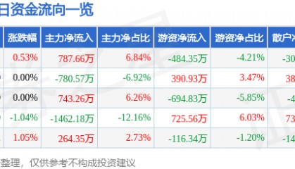 股票行情快报:美邦服饰(002269)8月11日主力资金净买入787.66万元