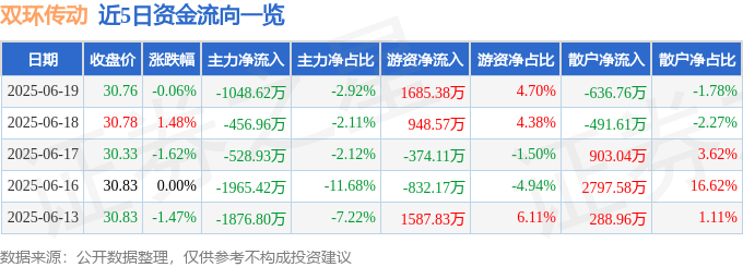 股票行情快报：双环传动（002472）6月19日主力资金净卖出1048.62万元