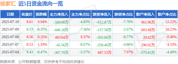 股票行情快报：徐家汇（002561）7月10日主力资金净卖出349.08万元