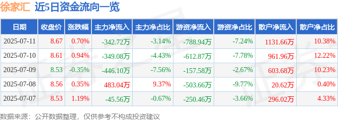 股票行情快报：徐家汇（002561）7月11日主力资金净卖出342.72万元