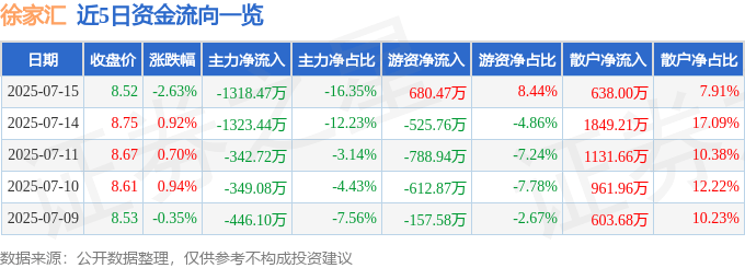 股票行情快报：徐家汇（002561）7月15日主力资金净卖出1318.47万元