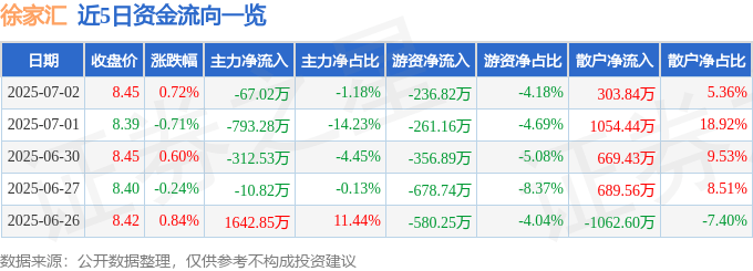股票行情快报：徐家汇（002561）7月2日主力资金净卖出67.02万元