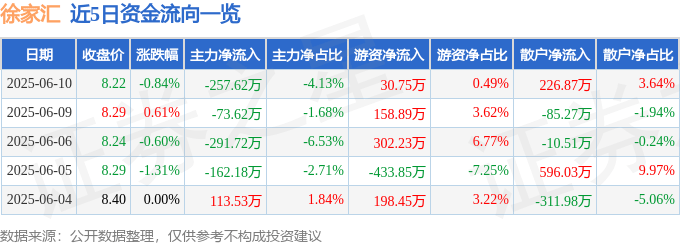 股票行情快报：徐家汇（002561）6月10日主力资金净卖出257.62万元