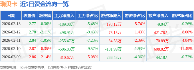 股票行情快报：瑞贝卡（600439）2月13日主力资金净卖出189.08万元